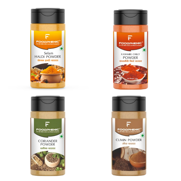 Foodphenic Daily Cooking Essentials Combo | Haldi, Mirch, Dhaniya & Jeera Powder | 450g