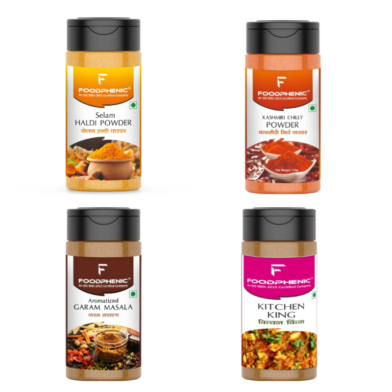 Foodphenic Haldi 125g + Kashmiri Mirch 125g + Garam Masala 100g + Kitchen King 100g Combo | Complete Curry Pack