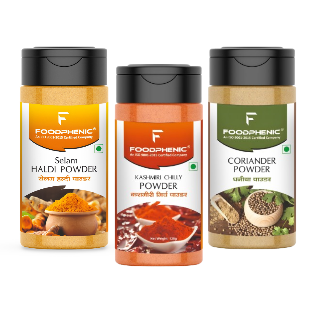 Foodphenic Salem Haldi 125g + Kashmiri Mirch 125g + Dhaniya Powder 100g Combo | Kitchen Spice Trio